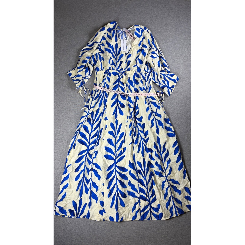 Baltic Born Malaga Midi Dress Women XL Blue Cobalt Print Leaf V-Neck Pockets